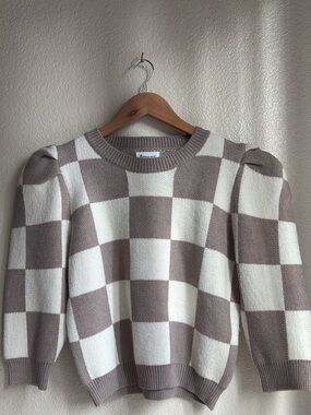 &Merci Box Shoulder Checkered Tan White Sweater Womens Size L